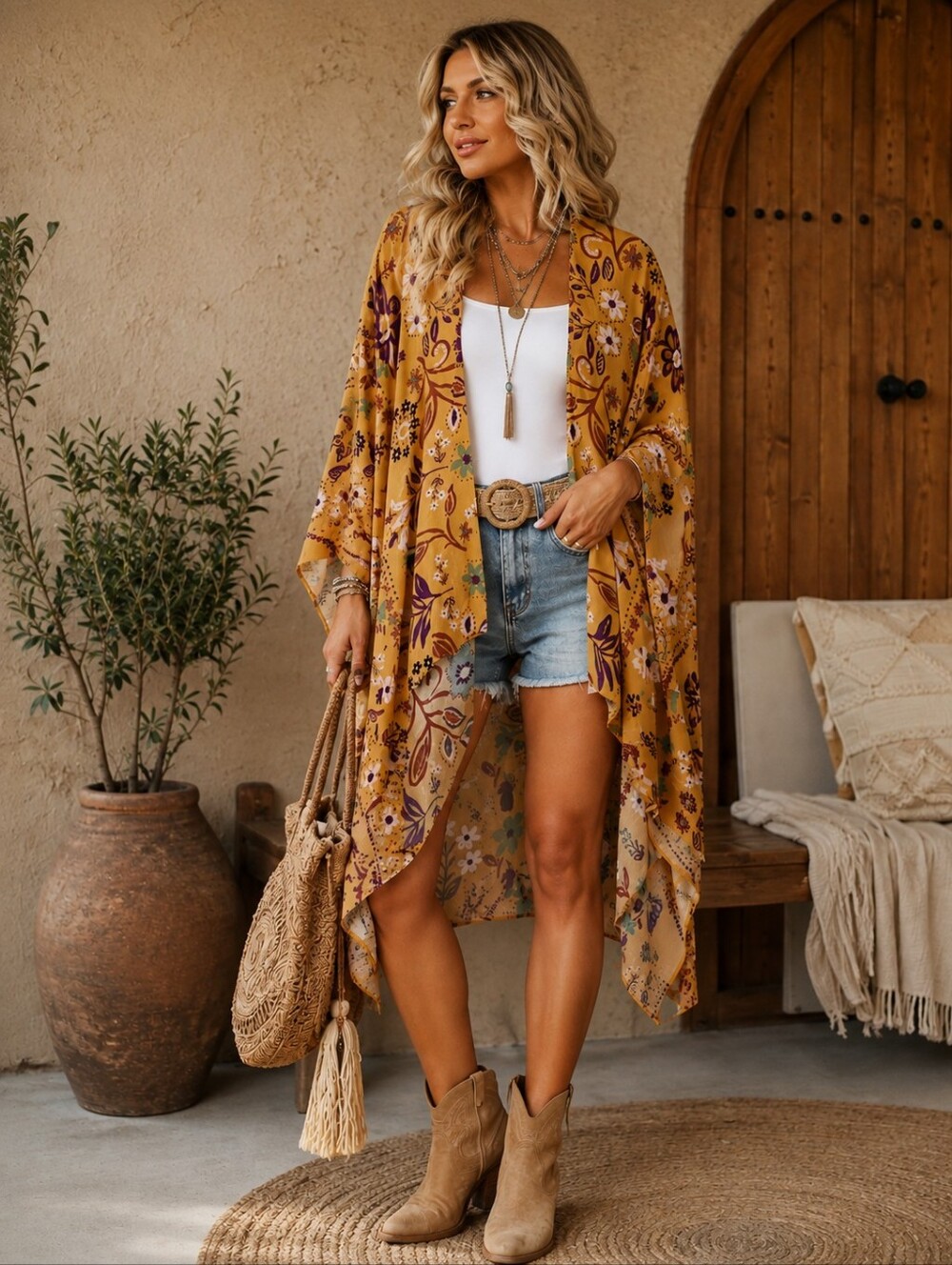 Easel Mustard Floral Kimono